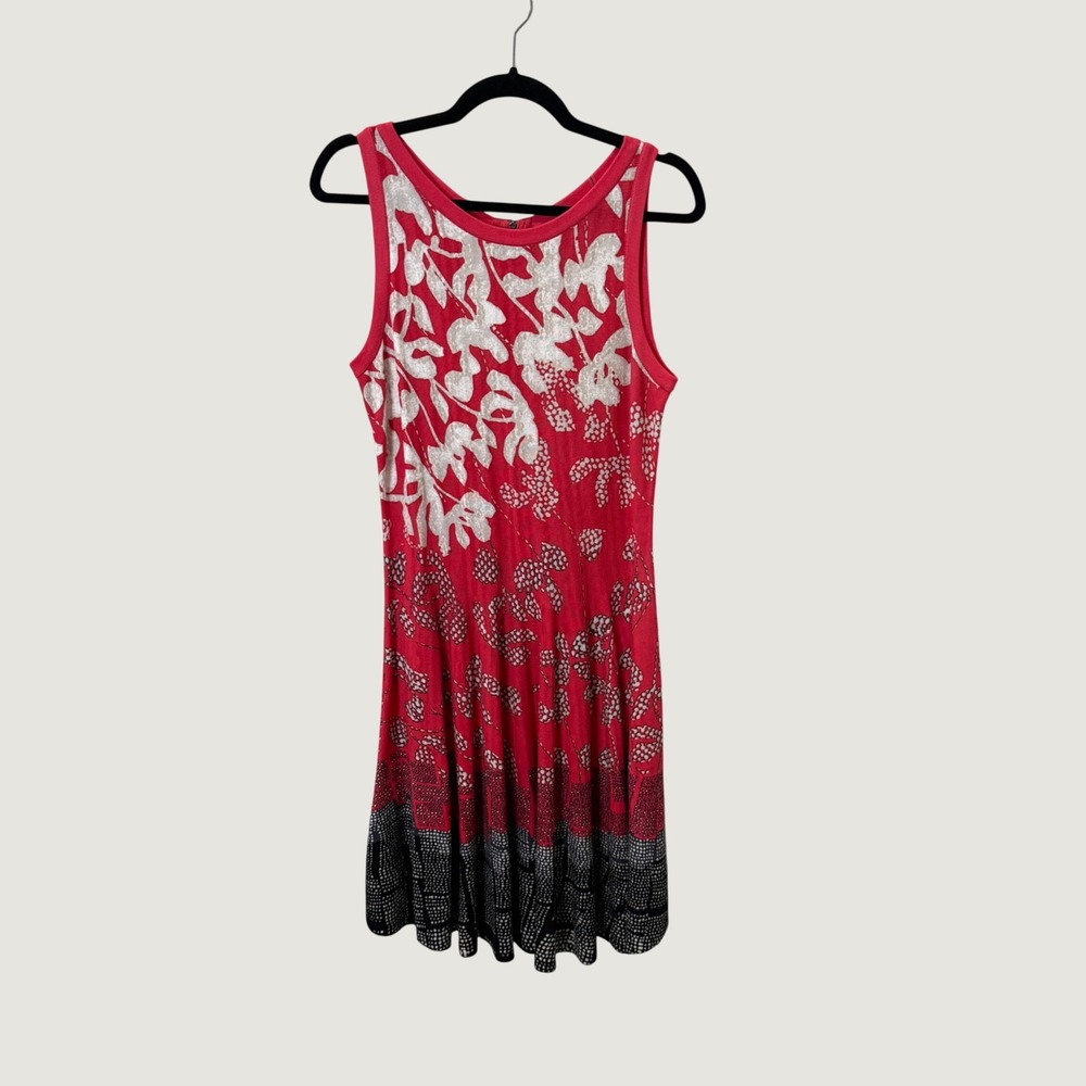 NIC+ZOE Sleeveless Knit Dress Red White Black Floral Fit Flare Size L Artsy Boho